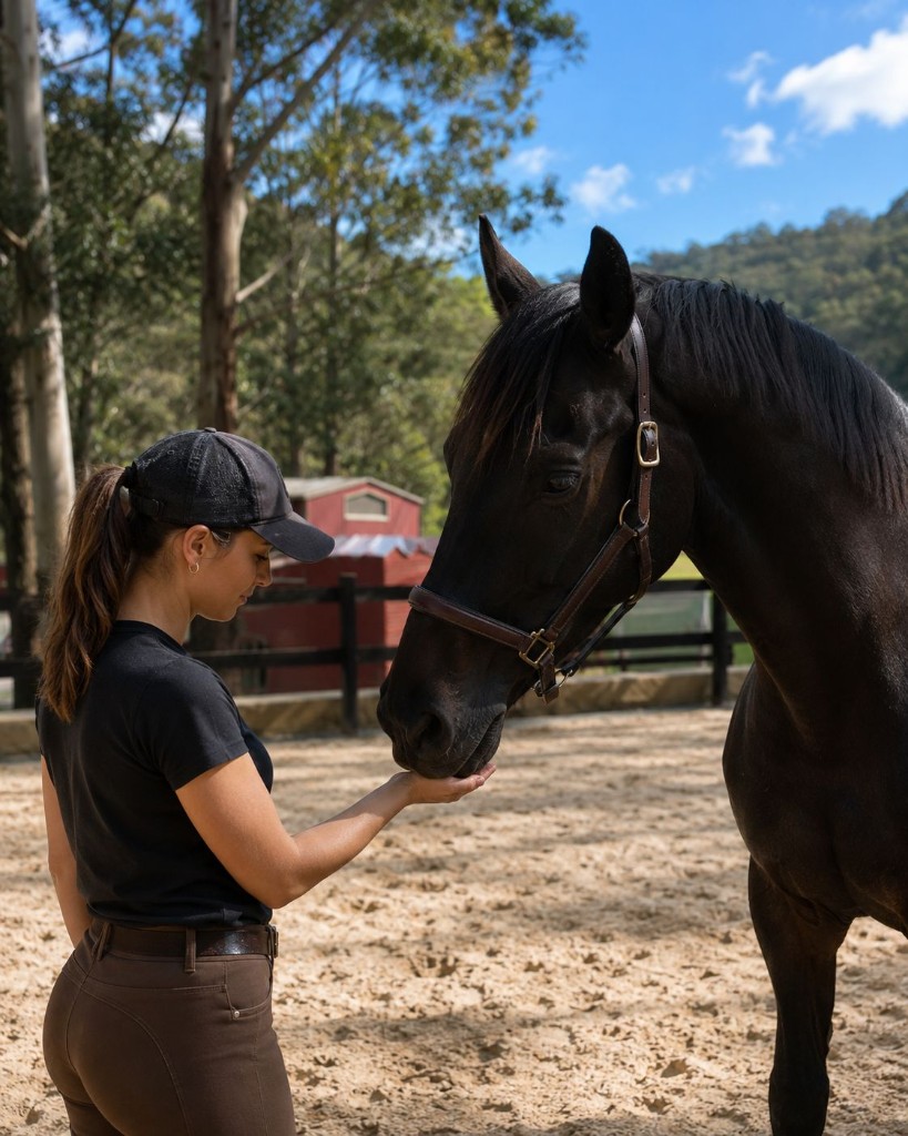 A woman offering her open palm as a horse gently touches it with its muzzle during a STRIDE equine assisted learning session