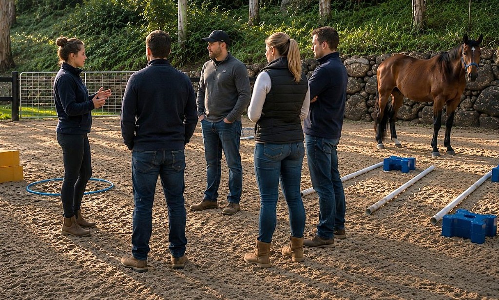 A corporate team in conversation with a horse during a STRIDE experiential leadership program